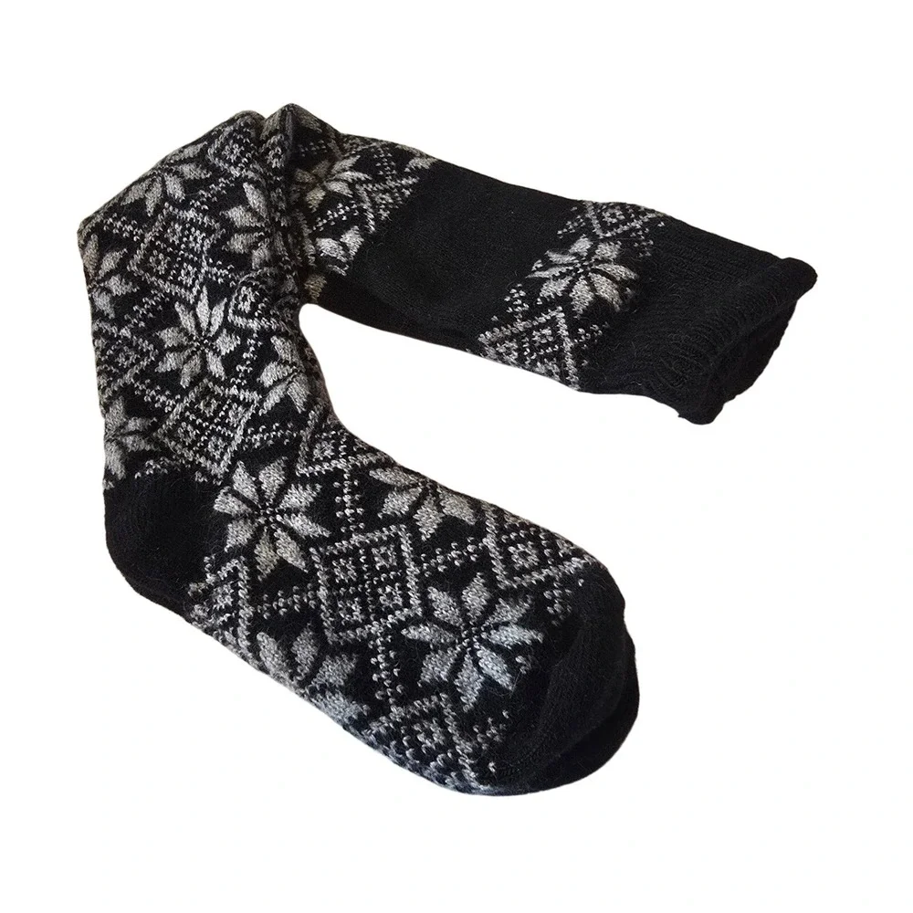 NEW Wool? Fair‎ Isle Socks Unisex One Size Black Gray Nordic Snowflake Knee High